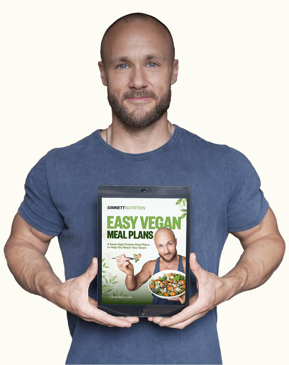 Derek Simnett holding an iPad displaying the Easy Vegan Meal Plans ebook