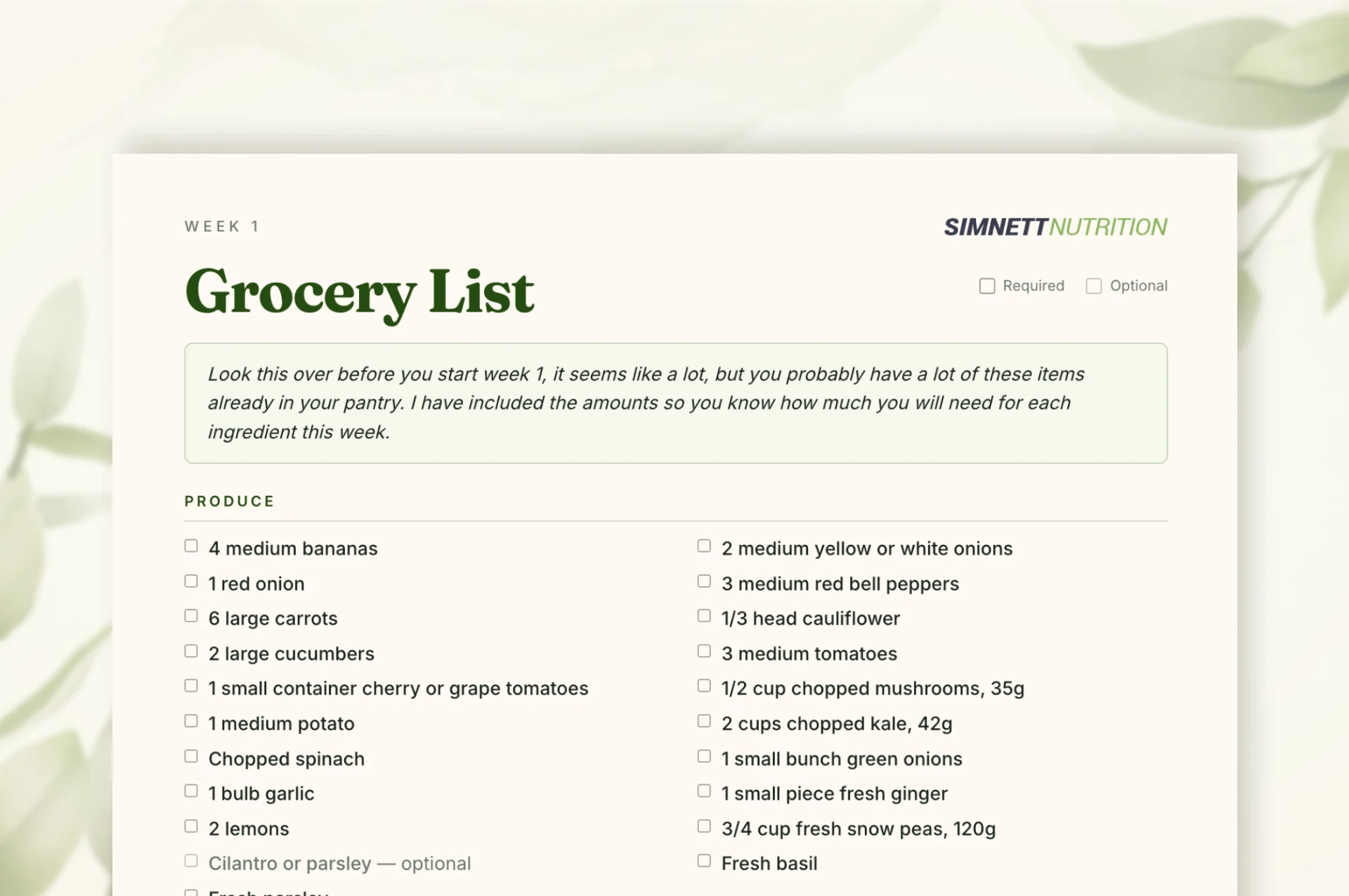 Week 1 grocery list preview