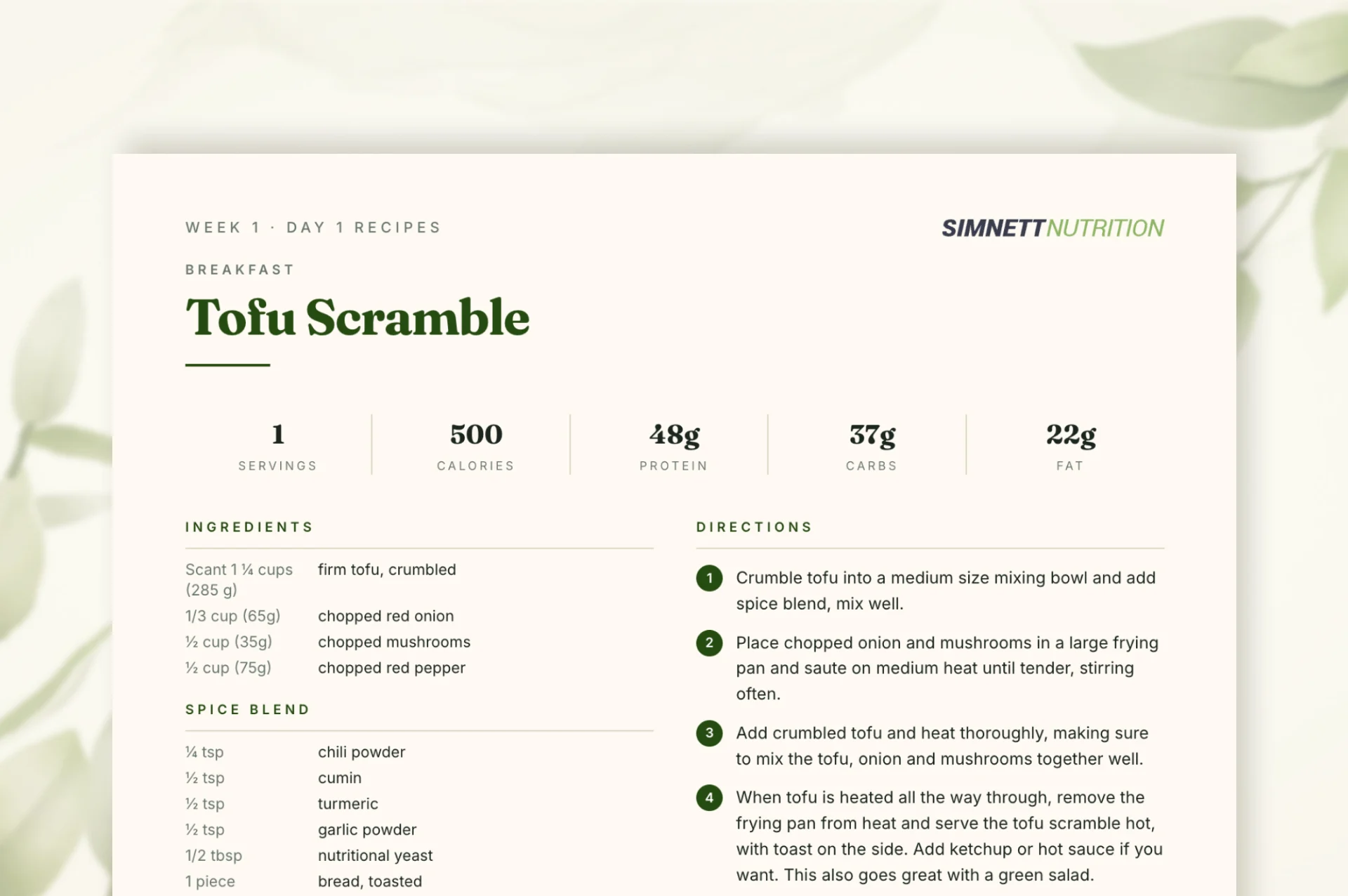 Recipe page with calorie and macro breakdown