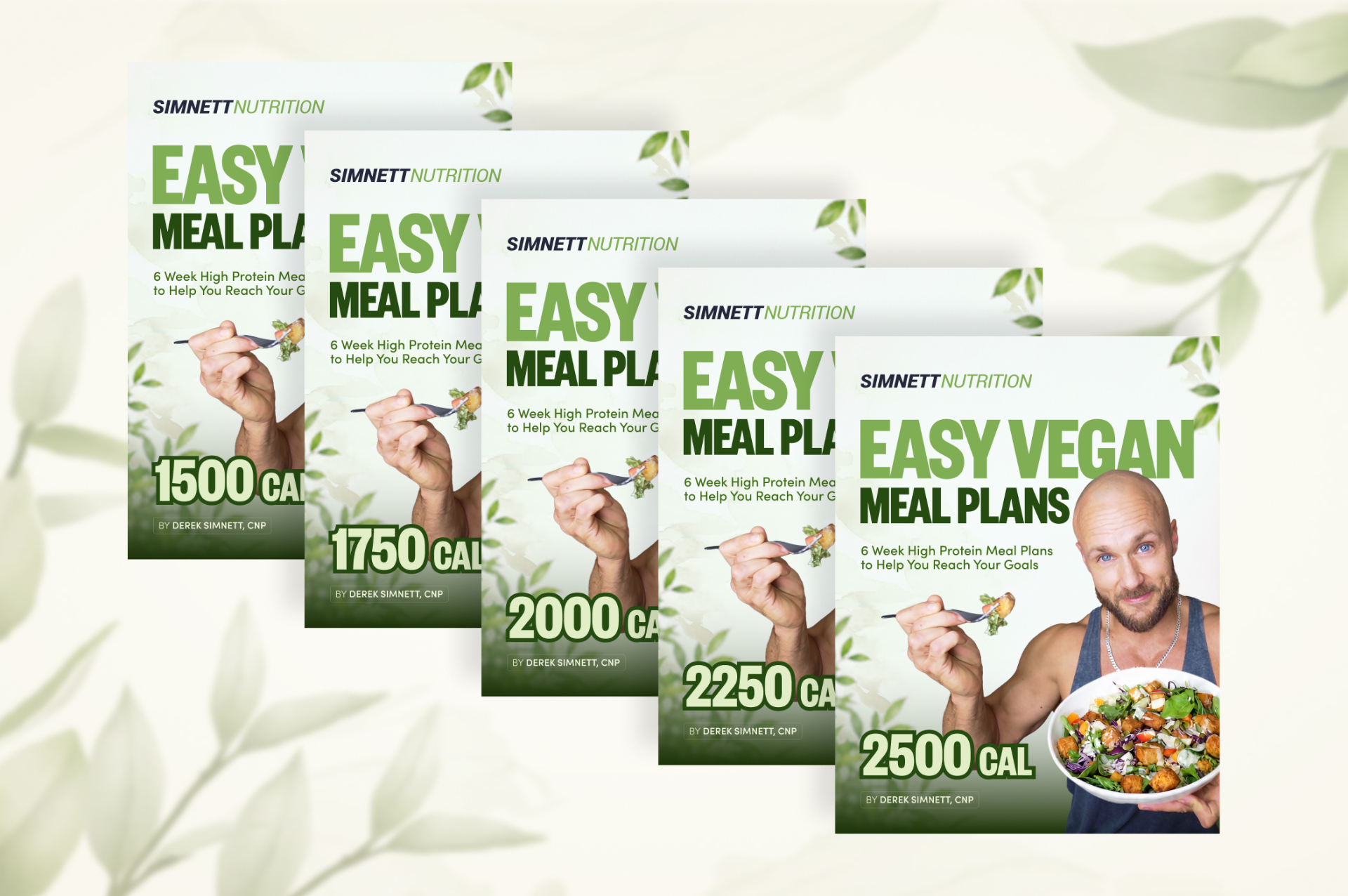 Five meal plan ebook covers from 1500 to 2500 calories